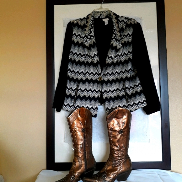 Chico's Black & White Chevron Blazer Woven Knit - Picture 1 of 3